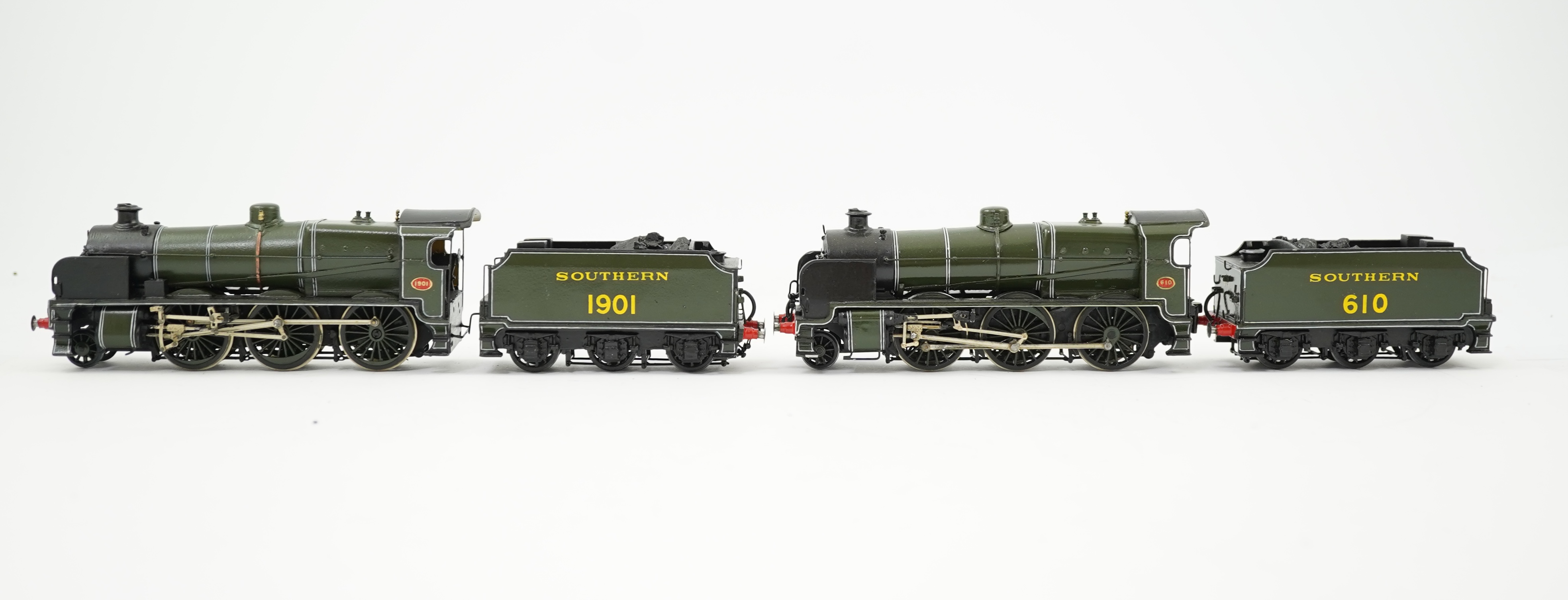 Two 00 gauge brass and white metal kit built Maunsell designed Southern Railway tender locomotives; a class U1 2-6-0, 1901, together with a class U 2-6-0, 610, constructed, painted and lined to a high standard, both moto